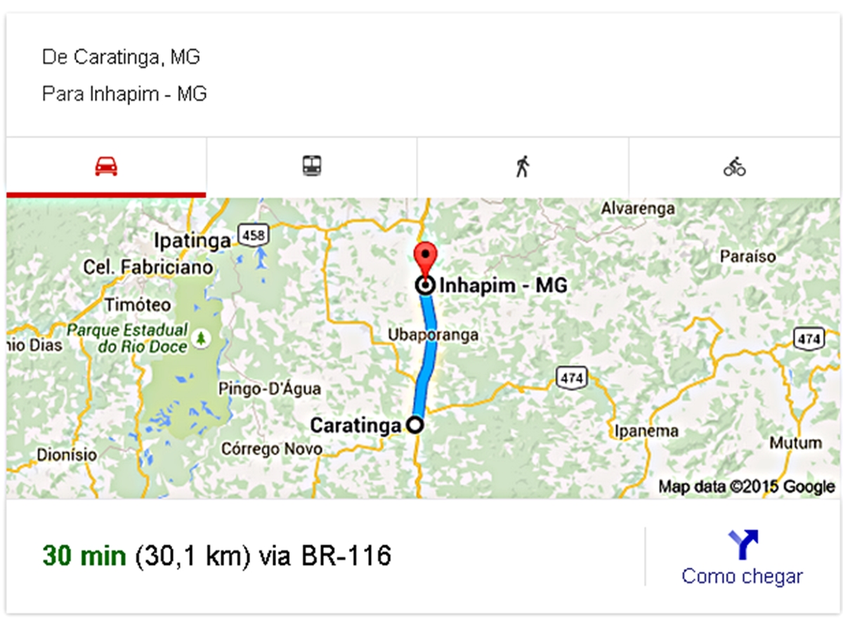 Imagem do Google mostra a distância que separa Inhapim de Caratinga.